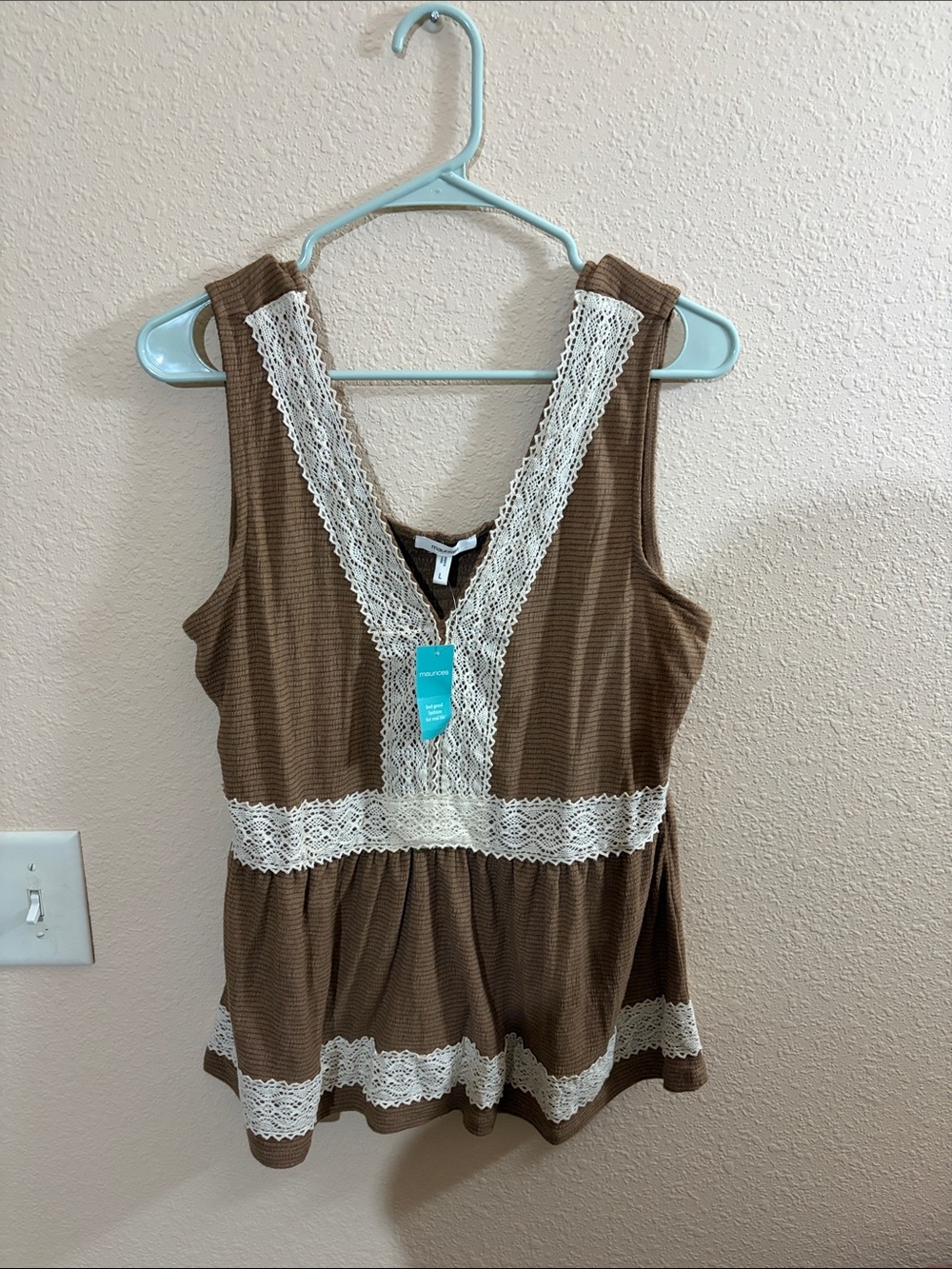 NWT Maurice’s Sleeveless Brown Lace-Trim V-Neck Peplum Top